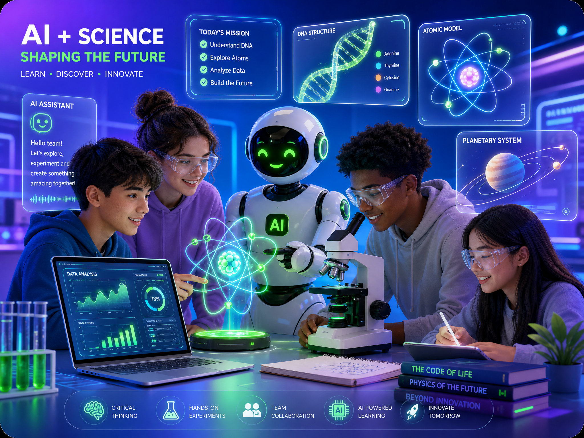 Ilustrasi siswa melakukan eksperimen sains bersama asisten AI